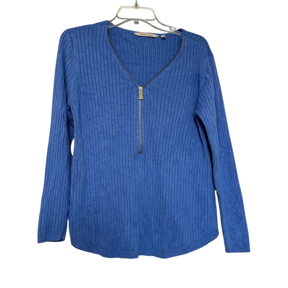 Soft Surroundings Sweaters - Soft Surroundings Blue Ribbed V Neck Quarter Zip Long Sleeve Sweater Top M